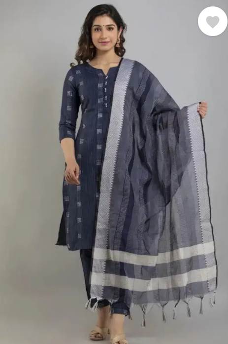 Women Khadi Cotton Kurta Pant Attached Dupatta Set